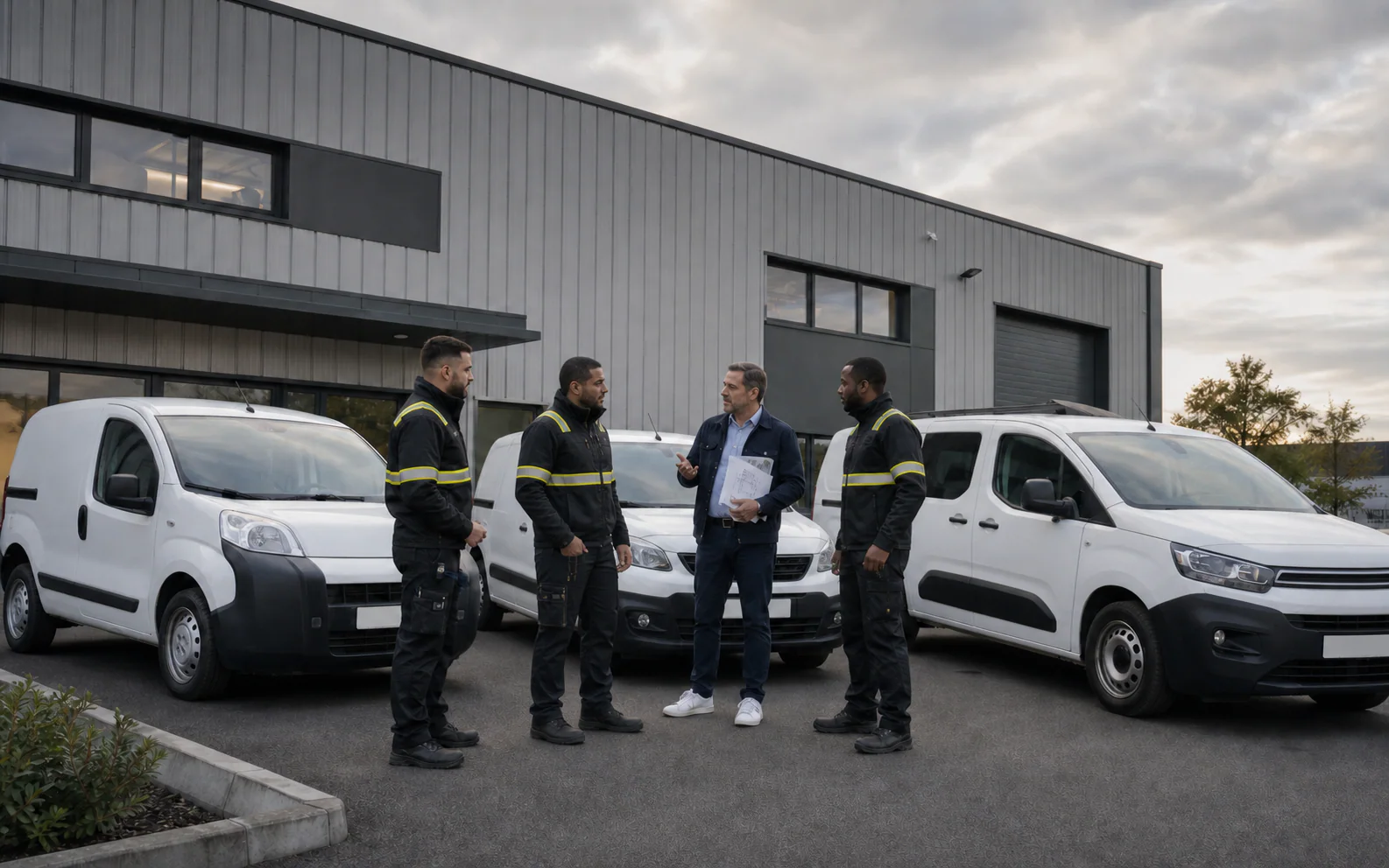 Équipe de techniciens échangeant avec un responsable devant les véhicules d’intervention et les locaux de l’entreprise