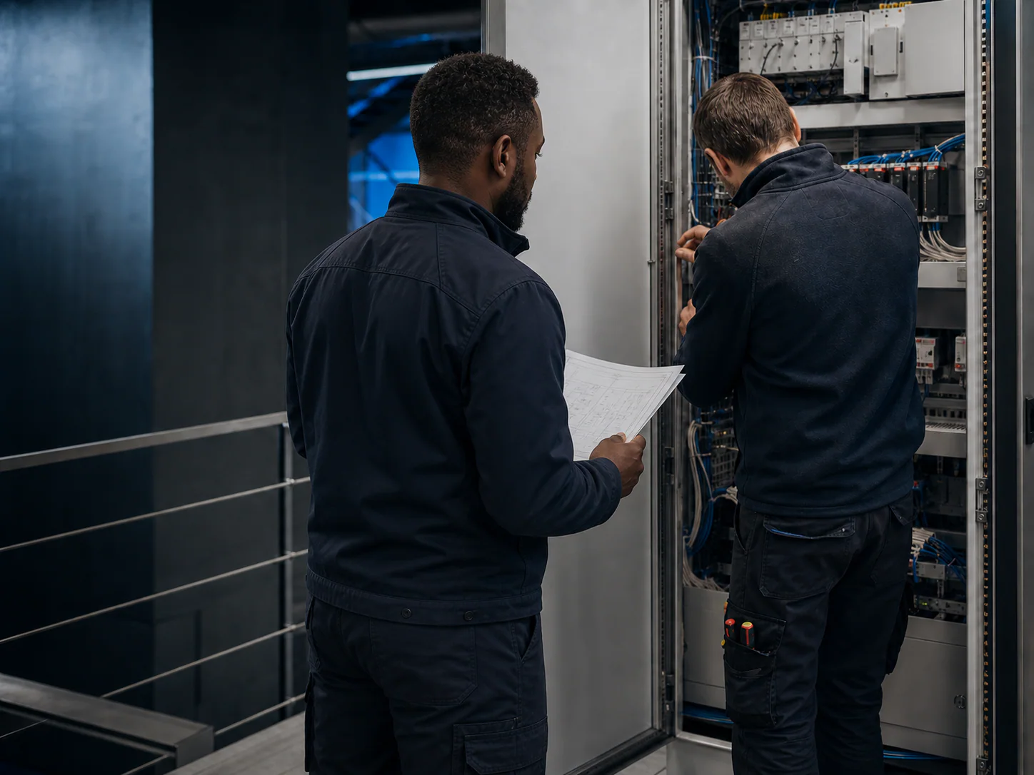 Deux techniciens spécialisés étudiant une installation technique