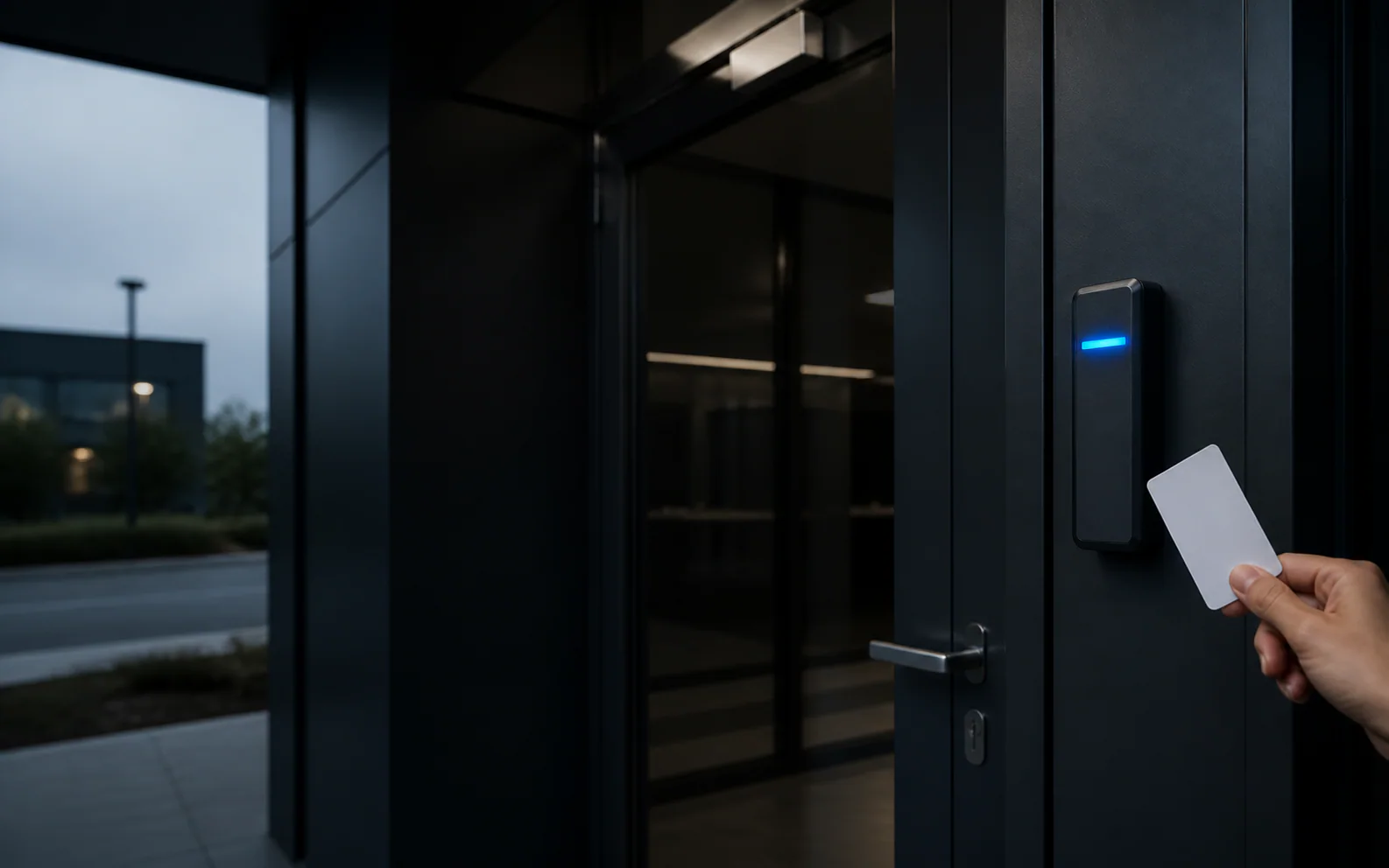 Lecteur de contrôle d’accès installé à l’entrée d’un bâtiment professionnel